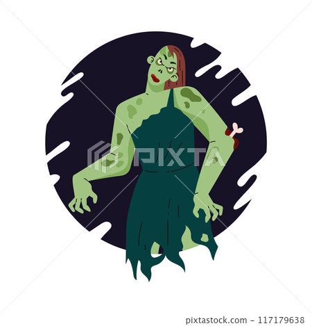 Creepy zombie woman corpse, vector flat rotting cadaver, walking dead, cartoon Halloween monster in black round frame Creepy zombie woman corpse, vector flat rotting cadaver, walking dead, cartoon Halloween monster in black round frame 117179638