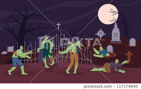 Vector illustration of a cemetery filled with zombies, perfect for Halloween decor. 117179640