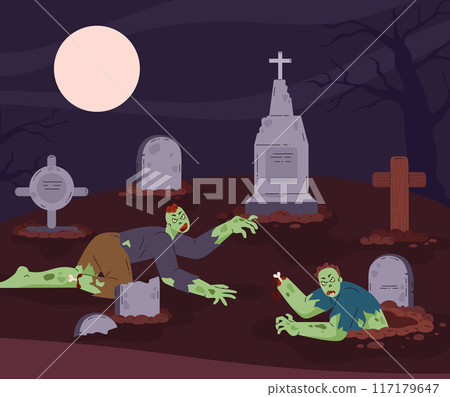 Resurrection of zombies in the cemetery flat vector, Halloween horror graveyard with corpse, walking dead, full moon Resurrection of zombies in the cemetery flat vector, Halloween horror graveyard with corpse, walking dead, full moon 117179647