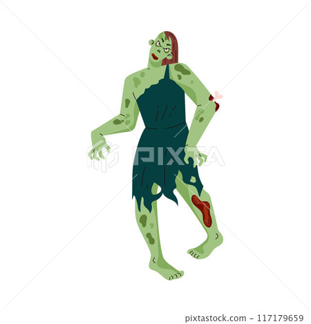 Creepy zombie woman corpse, vector flat rotting cadaver, walking dead, cartoon dead human body Halloween monster 117179659