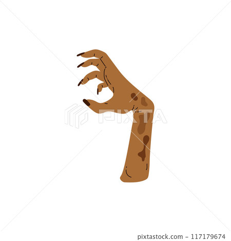 Creepy Zombie hand reaching up vector icon, dead human body limbs with rotting flesh, Halloween monster corpse arm 117179674