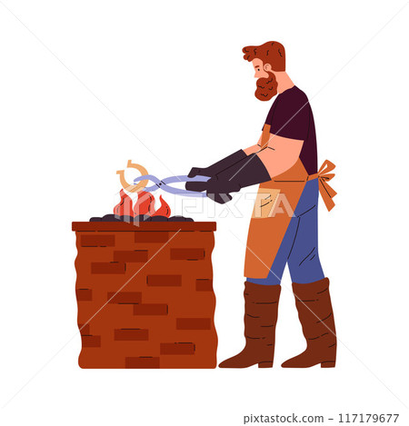 Blacksmith wearing leather apron and gloves heating horseshoe in fire using tongs, vector cartoon farrier worker smith 117179677