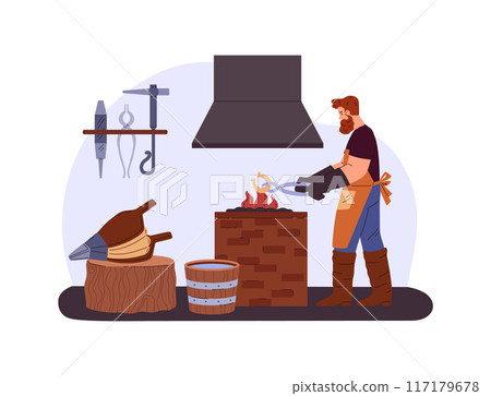 Blacksmith wearing leather apron and gloves heating horseshoe in fire using tongs, vector farrier worker in the smithy 117179678