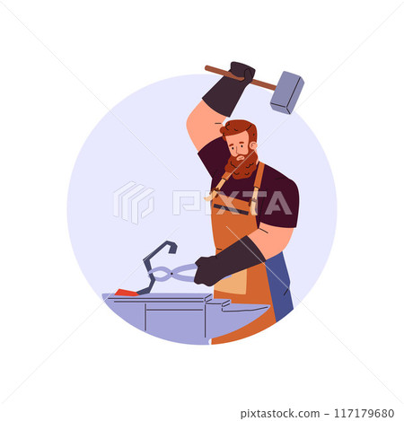 Blacksmith man strikes iron piece on the anvil with big hammer, vector professional farrier hard working in round frame 117179680