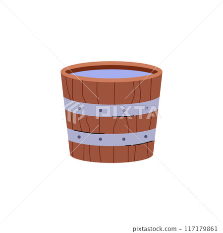 Wooden container with water vector icon, bucket with metal bands, vintage basin, pot storage, blacksmith craft equipment 117179861
