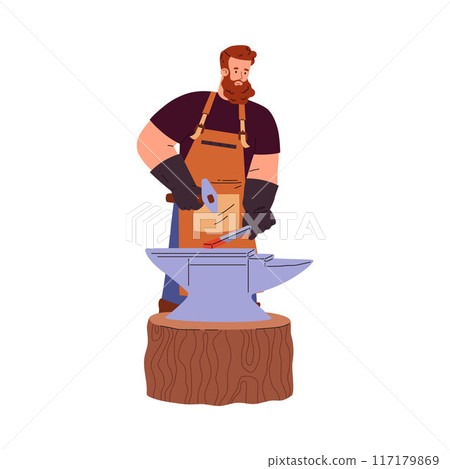 Blacksmith man strikes iron piece on the anvil using hammer, vector cartoon professional farrier character hard working Blacksmith man strikes iron piece on the anvil using hammer, vector cartoon professional farrier character hard working 117179869