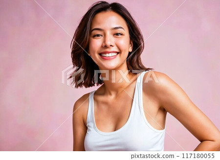 粉紅色背景中一位可愛的亞洲女性的肖像 117180055