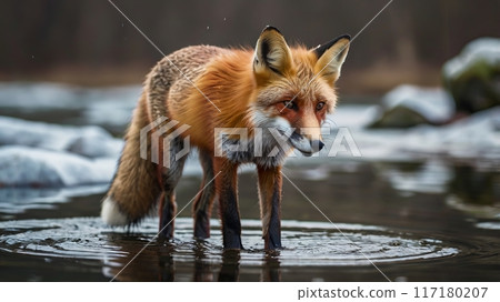 close up of a red fox lying on the snow 117180207