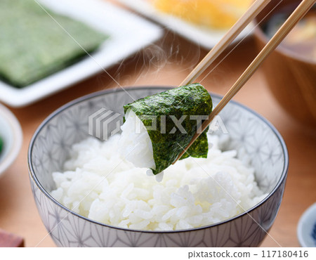 Japanese breakfast, seaweed, miso flavor, pickles, tamagoyaki Japanese breakfast, seaweed, miso flavor, pickles, tamagoyaki 117180416
