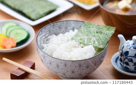 Japanese breakfast, seaweed, miso flavor, pickles, tamagoyaki Japanese breakfast, seaweed, miso flavor, pickles, tamagoyaki 117180443