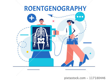 Roentgenography Vector Illustration with Fluorography Body Checkup Procedure, X-ray Scanning or Roentgen in Health Care in a Flat Cartoon Background 117180446