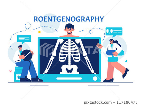 Roentgenography Vector Illustration with Fluorography Body Checkup Procedure, X-ray Scanning or Roentgen in Health Care in a Flat Cartoon Background Roentgenography Vector Illustration with Fluorography Body Checkup Procedure, X-ray Scanning or Roentgen in Health Care in a Flat Cartoon Background 117180473