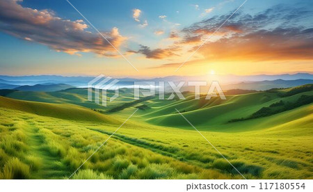 [Beautiful distant view illustration] Landscape of a vast land 117180554