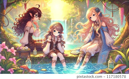 精靈女孩聚集在森林的水邊 117180578