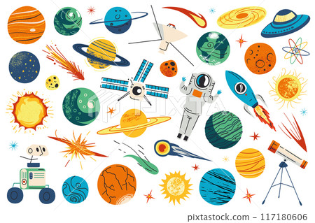Space vector illustrations set, collection of cosmic objects, planets, stars. Solar system doodle icons, galaxies, asteroids, and comets. Space exploration concept. Astronomy and space science themes 117180606