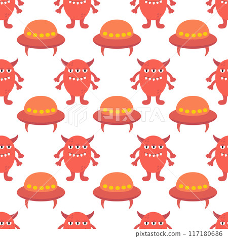 Alien spaceship, spacecrafts and UFO and Cute red alien or monster seamless pattern. Kids design. Children Cosmic ship. Vector flat illustration. Alien spaceship, spacecrafts and UFO and Cute red alien or monster seamless pattern. Kids design. Children Cosmic ship. Vector flat illustration. 117180686