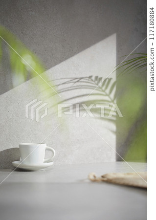 A gray-toned tile background with various props with sunlight coming through the window. 117180884