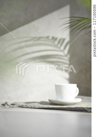 A gray-toned tile background with various props with sunlight coming through the window. 117180886