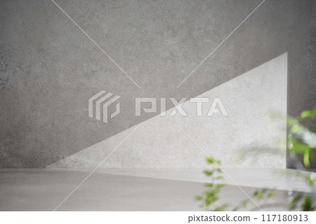 A gray-toned tile background with various props with sunlight coming through the window. 117180913
