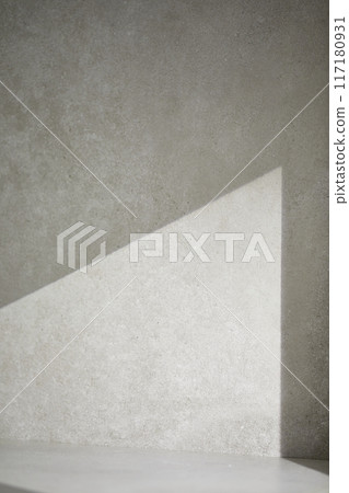 A gray-toned tile background with various props with sunlight coming through the window. 117180931