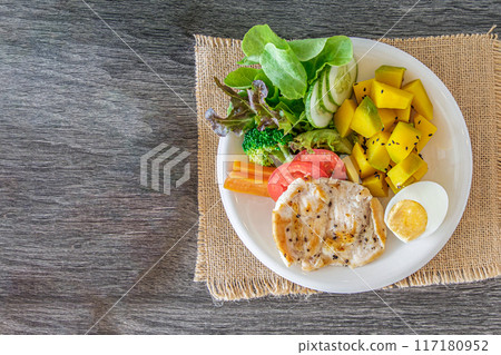 Chicken Breast Salad with Fresh Vegetables and Boiled Eggs, Healthy Food Idea with copy space for your text. 117180952