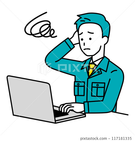 Male worker working on a laptop having trouble 117181335