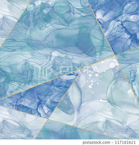 Marbled illustration square banner. Light blue alcohol ink art separated by kintsugi style glitter 117181621
