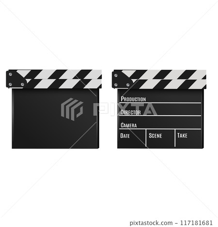 Two clapperboards, one blank and one with labeled sections for production details. Vector Two clapperboards, one blank and one with labeled sections for production details. Vector 117181681