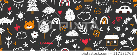Cute kid child element vector seamless pattern. Hand drawn doodle sketch children cute vector school chalk background. Kids doodle crayon style line flower, cloud doodle pattern. Vector 117181768