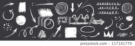 Arrow line chalk hand drawn brush vector set. Grunge square, spiral, arrow element scribble line brush hand drawn sketch design. Grunge abstract chalk, crayon pencil style. Vector Arrow line chalk hand drawn brush vector set. Grunge square, spiral, arrow element scribble line brush hand drawn sketch design. Grunge abstract chalk, crayon pencil style. Vector 117181770