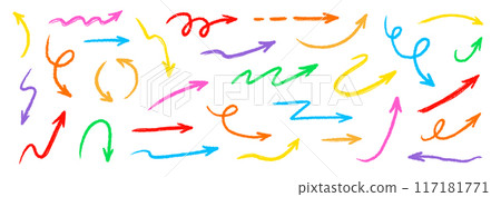 Arrow crayon pastel pencil chalk color line stroke. Sketch chalk pastel color pencil texture line kid fun arrow icon. Hand drawn grunge crayon brush sketch direction element set. Vector Arrow crayon pastel pencil chalk color line stroke. Sketch chalk pastel color pencil texture line kid fun arrow icon. Hand drawn grunge crayon brush sketch direction element set. Vector 117181771