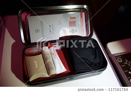 ZURICH, SWITZERLAND - 22 JUNE 2019: Amenity kit in business class during a long-haul flight on an aircraft 117181789