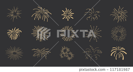 Set gold fireworks, firecrackers golden burst, rays festive doodle sparkle lights isolated on dark background.Celebration, Party Icon, Anniversary, New Year Eve, independence Set gold fireworks, firecrackers golden burst, rays festive doodle sparkle lights isolated on dark background.Celebration, Party Icon, Anniversary, New Year Eve, independence 117181987