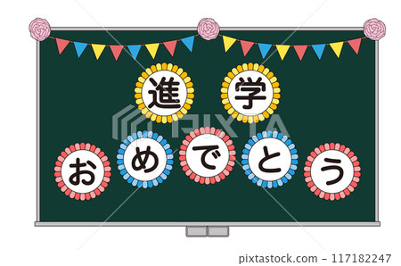 Illustration of a chalkboard decorated with a message of congratulations on entering higher education 117182247