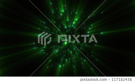 Abstract green glowing energy sphere molecule nucleus atom round background with flying blurred dots bokeh particles 117182438