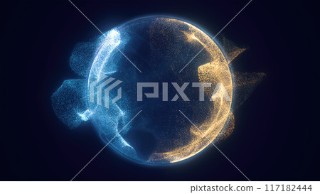 Abstract colored bright glowing background with a sphere core atom energy burning ball circle made of waves of energy rays and plasma with light 117182444