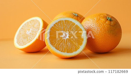 Freshly Cut Oranges on a Bright Orange Background 117182669