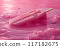 A pink ice cream bar is immersed in a liquid of 117182675