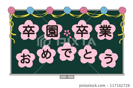 Illustration of a chalkboard decorated with congratulatory messages for graduation and graduation 117182726