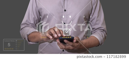 Costomer Review, Hand man Uses, Holding, smartphone mobile with star to review 117182899