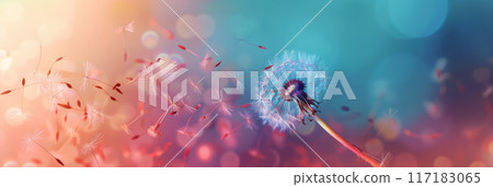 A dandelion seed drifting through the air on a blurred, ethereal background 117183065