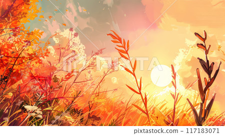 autumn sunset, sky with soft, warm colors. 117183071