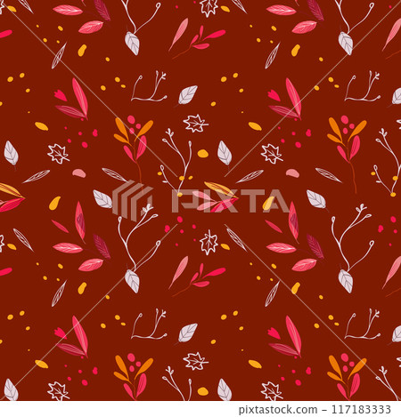 Seamless pattern of autumn leaves on a brown background. Ornament for tapetas, book covers or rugs. 117183333