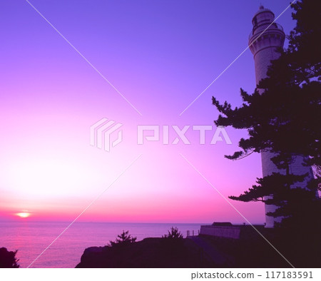 Izumo Hinomisaki Lighthouse and the sunset over the Sea of Japan "Top 50 Lighthouses in Japan" "Top 100 Lighthouses in the World" "Daisen-Oki National Park" 117183591