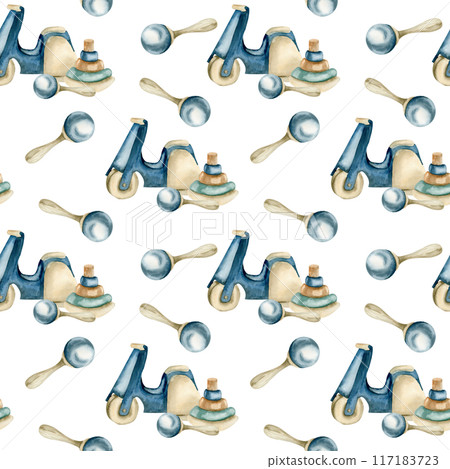 Watercolor kid's seamless pattern with blue wooden bike,pyramid and rattle. Hand drawn children playing toys background for textile, fabric design. Wallpaper, stationery,calendar decor. 117183723