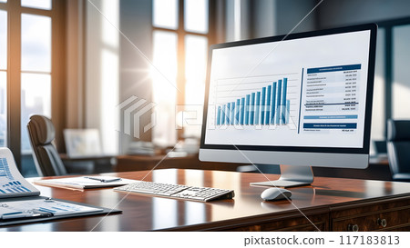 Administrative office with a large monitor, showing a detailed financial of income and expenditure 117183813