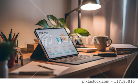 Modern office interior There is a wooden table with financial reports 117183816