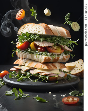 Gourmet sandwich ingredient, Image of a delicious sandwich with ingredients floating in the air 117183817