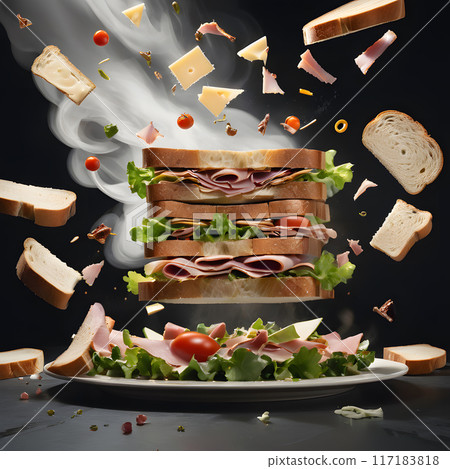 Ingredient Sandwich Gourmet, Image of a delicious sandwich with ingredients floating in the air 117183818