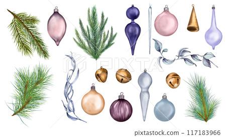 Christmas tree branches, toys and bells in watercolor illustration set isolated. Coniferous trees clipart hand drawn. Spruce and pine, leaves on branch for holiday design, and New Year designs. 117183966